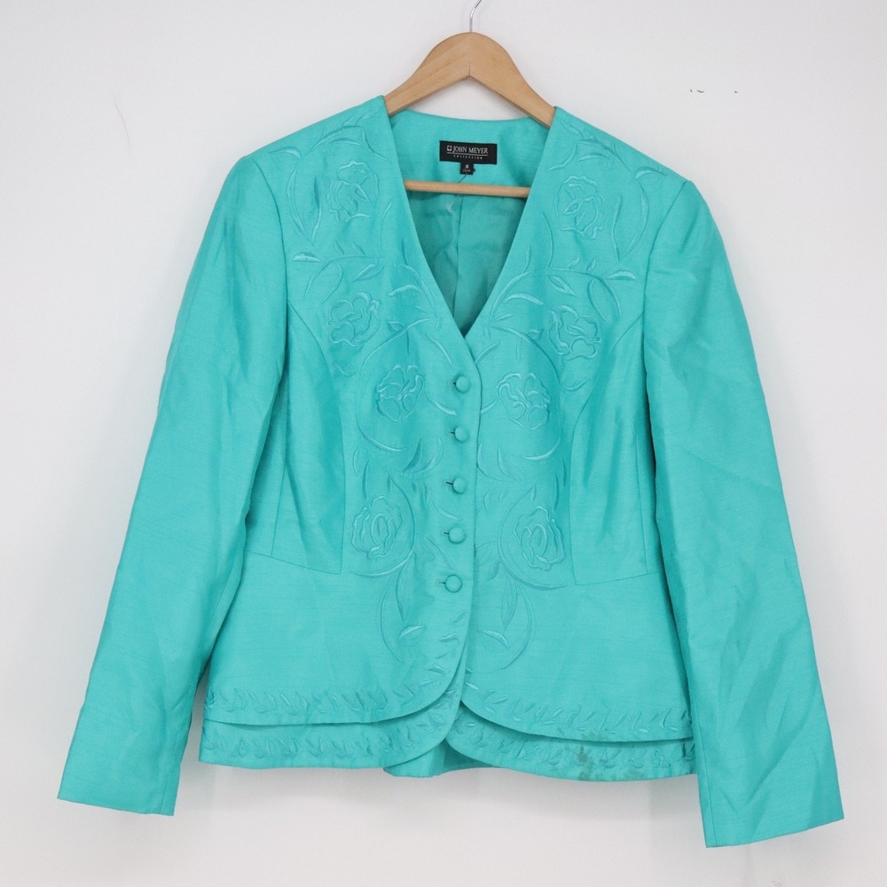 John Meyer Blazer Womens 16 Collection Turquoise Floral Embroidered Peplum Good